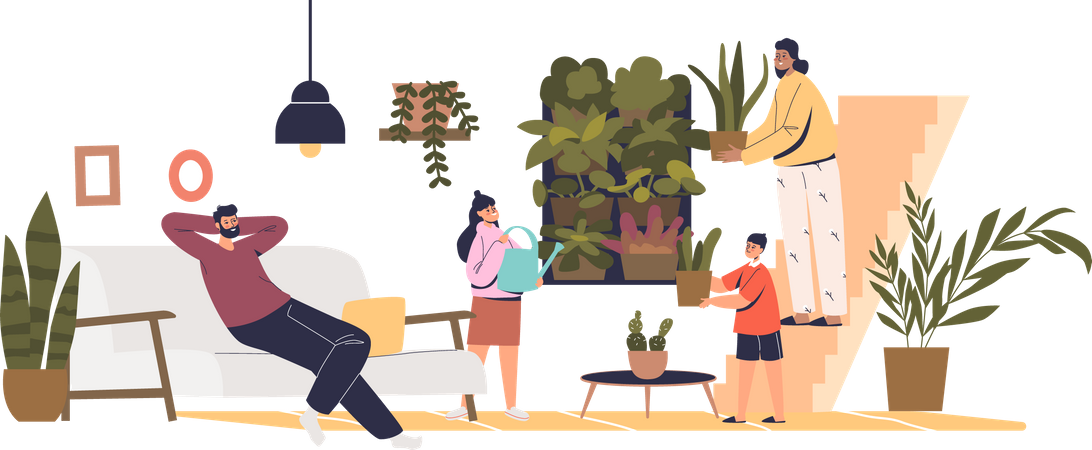 Family caring home plant  Illustration