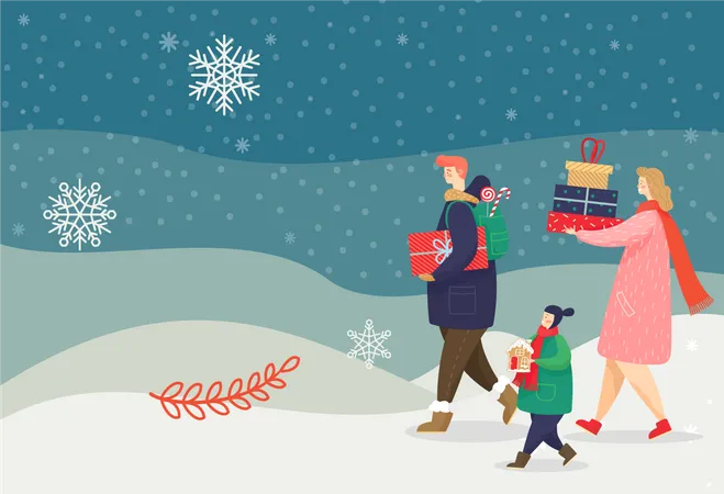 Winter Holidays Celebration Of New Year And Christmas People Walking In Snowy Weather Carrying Boxes With Present Kid Holding Gingerbread Cookie In Shape Of House Merry And Bright Wintertime Vector 일러스트레이션