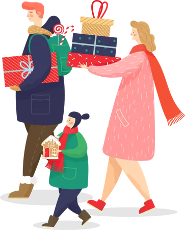 Celebration Of Christmas By Traditional Gifts Exchanging Mother And Father Carrying Presents Kid Holding Gingerbread Cookie Made In Form Of House Family Greeting With Xmas Holidays Vector Illustration