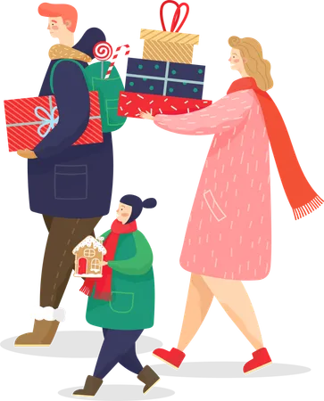 Family Carrying Presents Boxes and Cookies as Gift  Illustration