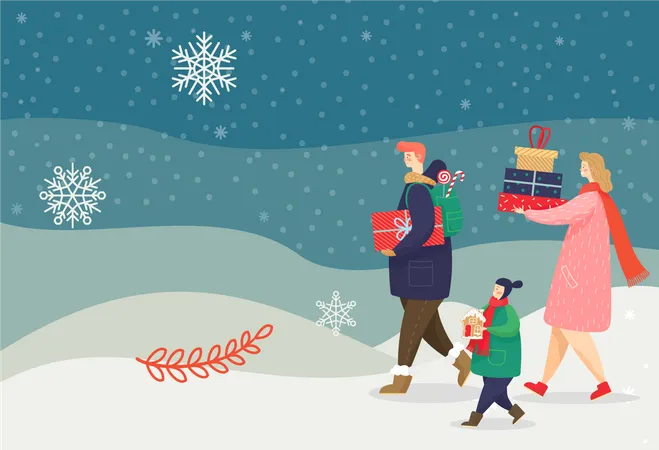 Family Carrying Presents  Illustration