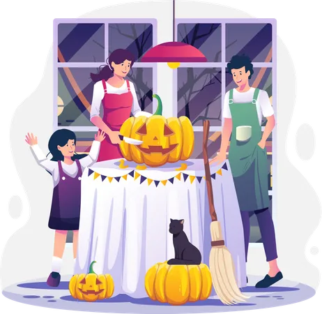 Family carving pumpkins at home preparing for Halloween Illustration
