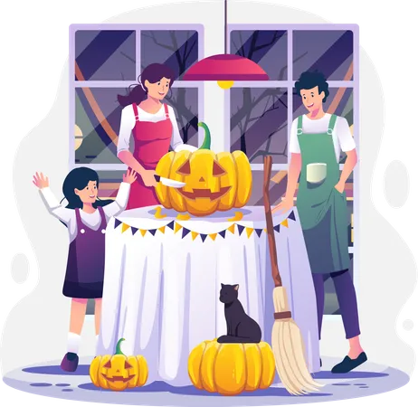 Family carving pumpkins at home preparing for Halloween  Illustration