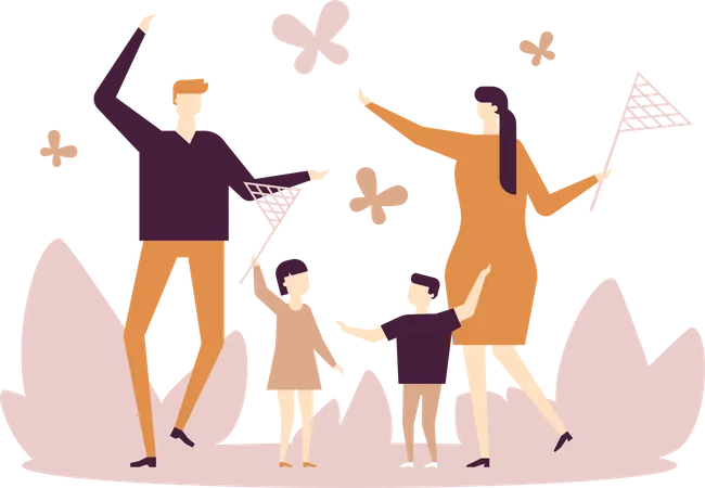 Family Catching Butterflies With Nets Flat Design Style Illustration On White Background A Composition With Young Parents Children Son And Daughter Having Fun Together Outdoor Activity Concept Illustration