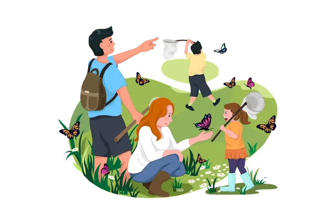 Family Catching Butterflies  Illustration