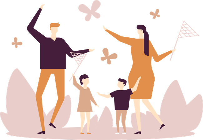 Family catching butterflies  Illustration