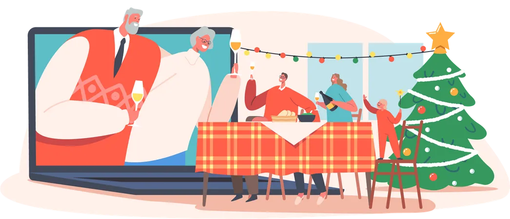 Family Celebrate Christmas Online Illustration