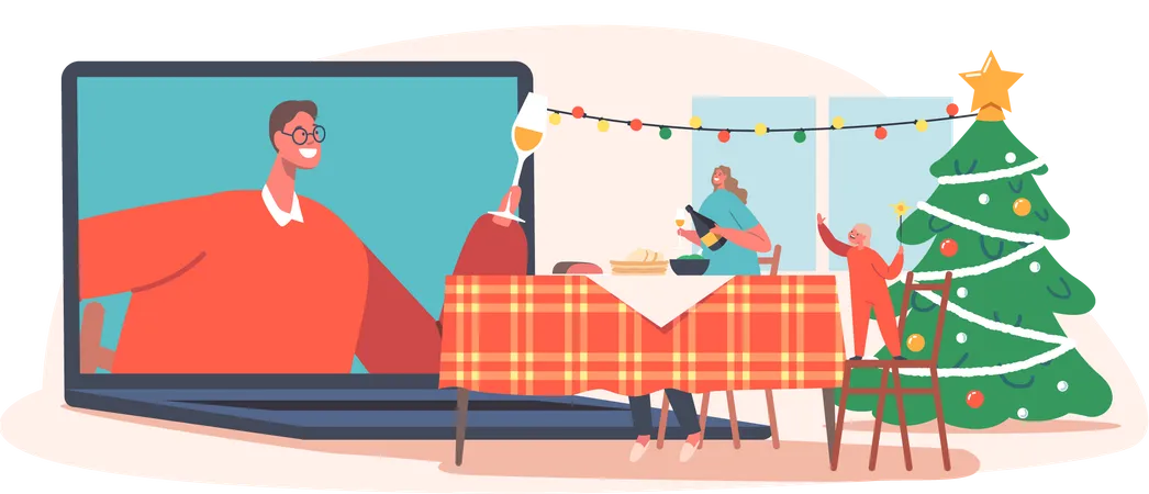 Family Celebrate Christmas Remotely  Illustration