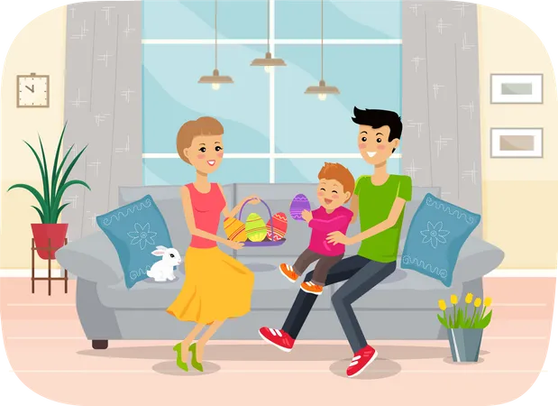 Family Easter Holiday With Kids And Adult Characters Coloring Paschal Eggs Bun Cakes White Rabbit Parents And Happy Child On Sofa At Home Holding Basket With Colored Eggs Traditional Celebration Illustration