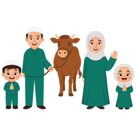 Family Celebrates Eid Al-Adha while Father Brings Cow  Illustration