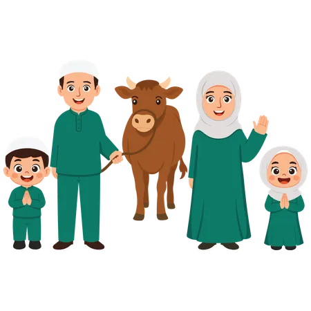 Family Celebrates Eid Al-Adha while Father Brings Cow  Illustration