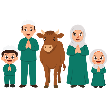 Family Celebrates Eid Al-Adha while Father Brings Cow  Illustration