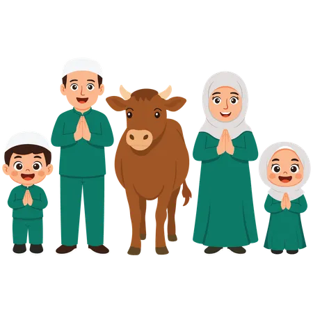 Family Celebrates Eid Al-Adha while Father Brings Cow  Illustration