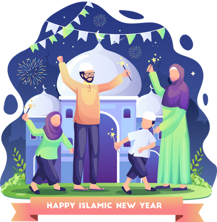 Family celebrates Islamic new year by fireworks at night  Illustration