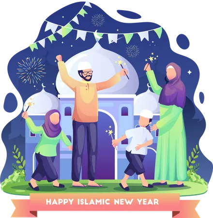 Family celebrates Islamic new year by fireworks at night  Illustration