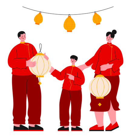 Family celebrating Chinese New Year  일러스트레이션