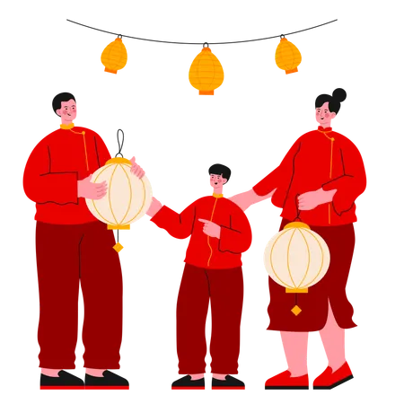 Family celebrating Chinese New Year  イラスト