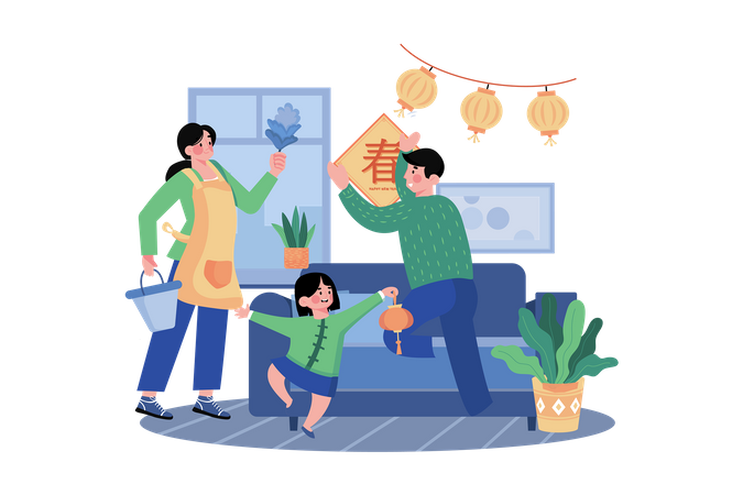 Family celebrating Chinese New Year Illustration
