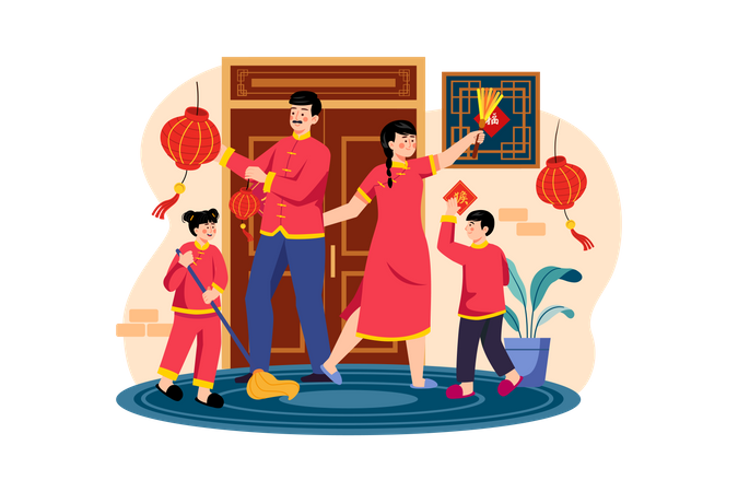 Family celebrating Chinese new year together  Illustration