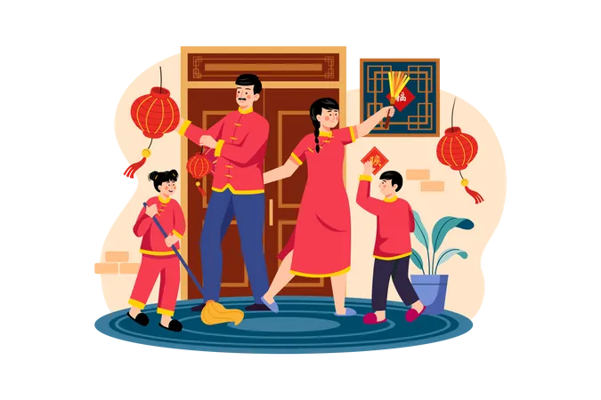 Family celebrating Chinese new year together  Illustration