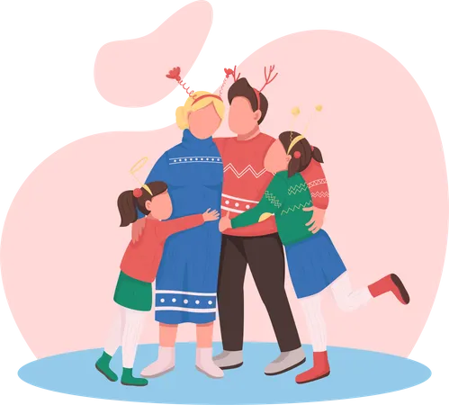 Happy Family On Christmas Flat Color Vector Faceless Characters Mother Father And Daughters Hug New Year Eve Celebration Isolated Cartoon Illustration For Web Graphic Design And Animation Illustration