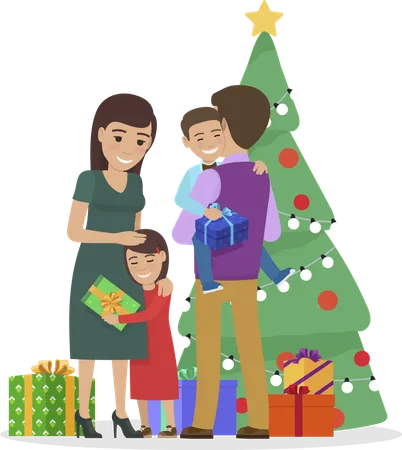 Mother And Father With Son And Daughter Exchanging Gifts On Christmas Isolated Family Kid Holding Presents Standing By Pine Tee Decorated With Garlands And Star On Top Vector In Flat Style イラスト