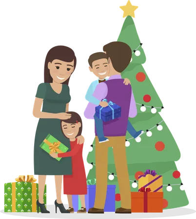 Family Celebrating Christmas at Home by Pine Tree  Illustration