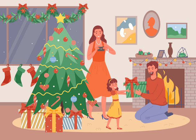 Family celebrating christmas eve  イラスト