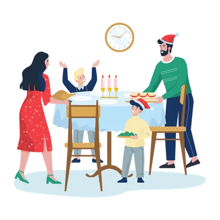 Family celebrating Christmas with cake cutting  Illustration