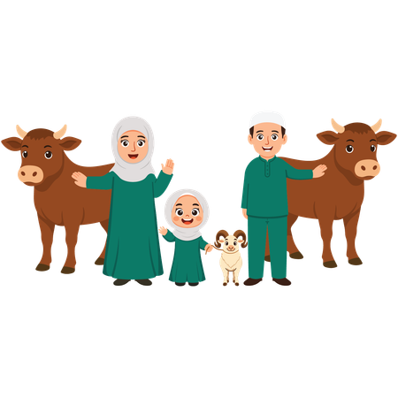 Family Celebrating Eid Al-Adha with goat and cow  Illustration