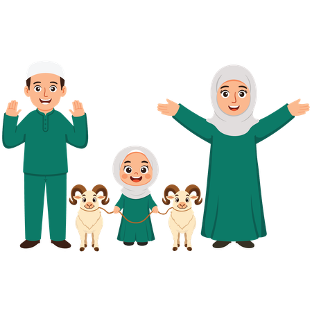 Family Celebrating Eid Al-Adha with goat  Illustration