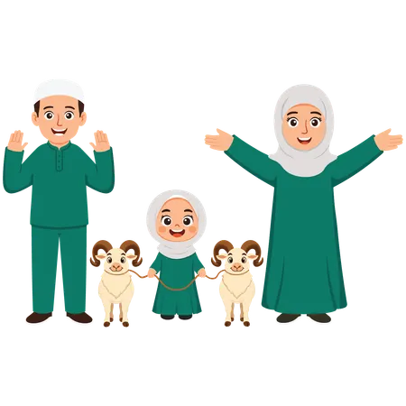 Family Celebrating Eid Al-Adha with goat  Illustration