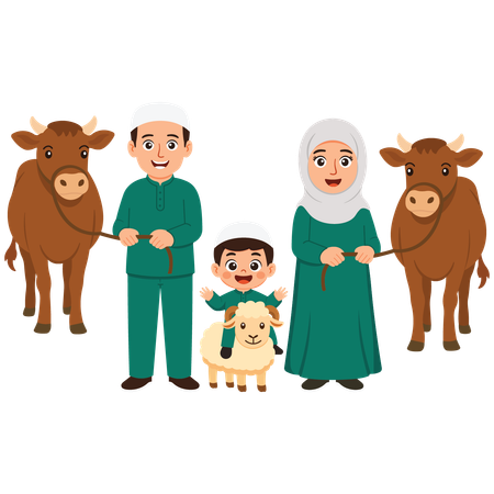 Family Celebrating Eid Al-Adha with sheep and cow  Illustration