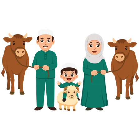Family Celebrating Eid Al-Adha with sheep and cow  Illustration