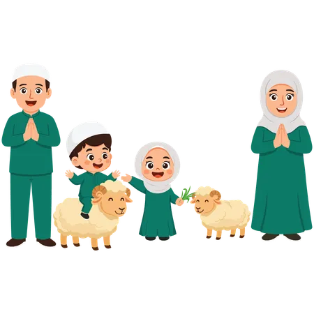 Family Celebrating Eid Al-Adha with sheep  Illustration