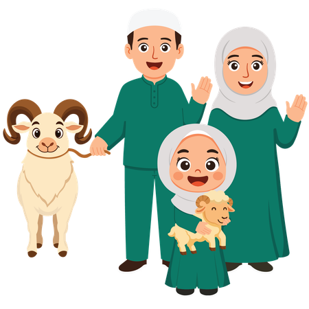 Family Celebrating Eid Al-Adha with sheep  Illustration