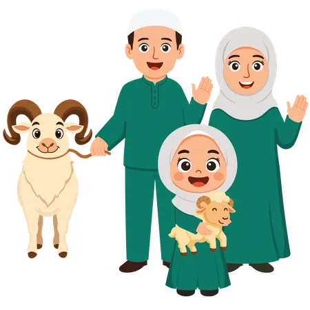 Family Celebrating Eid Al-Adha with sheep  Illustration