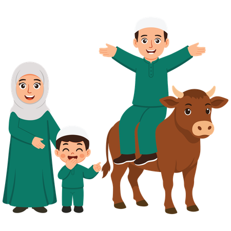 Family celebrating eid with cow  Illustration