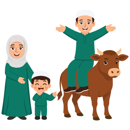 Family celebrating eid with cow  Illustration