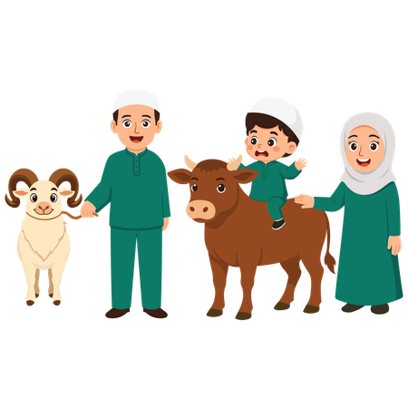 Family celebrating eid with cow  Illustration