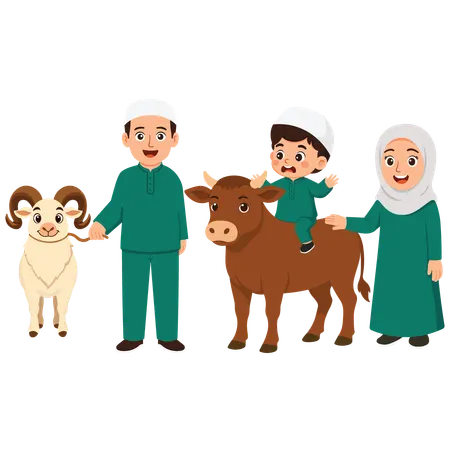 Family celebrating eid with cow  Illustration