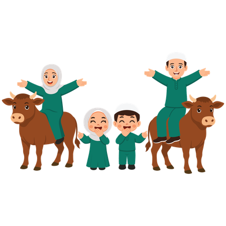 Family celebrating eid with cow  Illustration