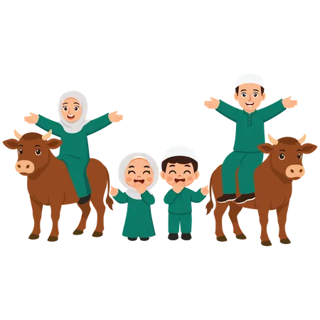 Family celebrating eid with cow  Illustration
