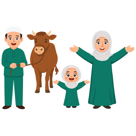 Family celebrating eid with cow  Illustration