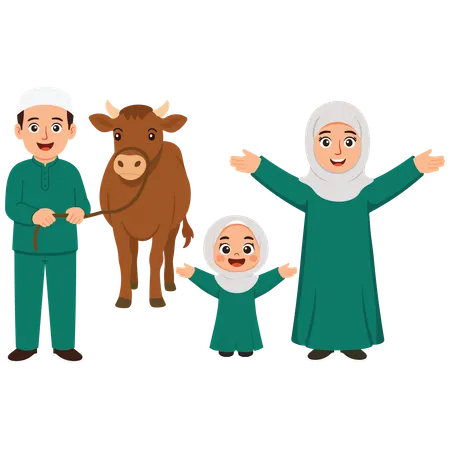 Family celebrating eid with cow  Illustration