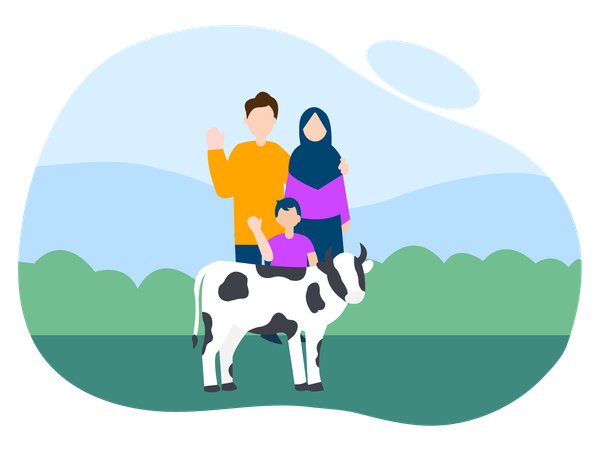 Family celebrating Eid with cow  Illustration