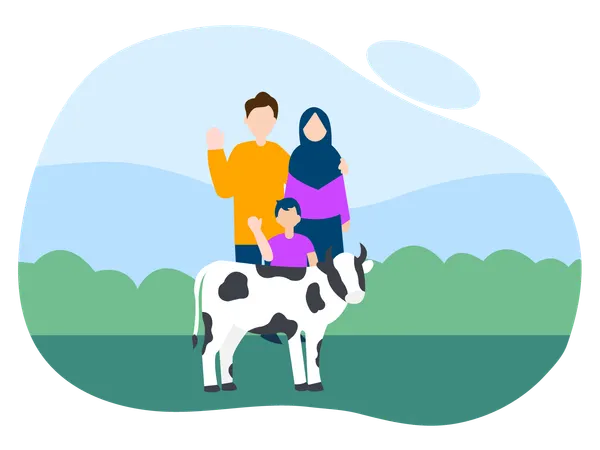 Family celebrating Eid with cow  Illustration