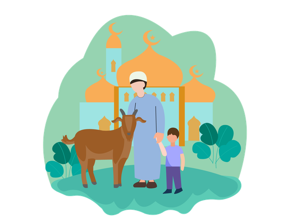 Family celebrating Eid with Goat  Illustration