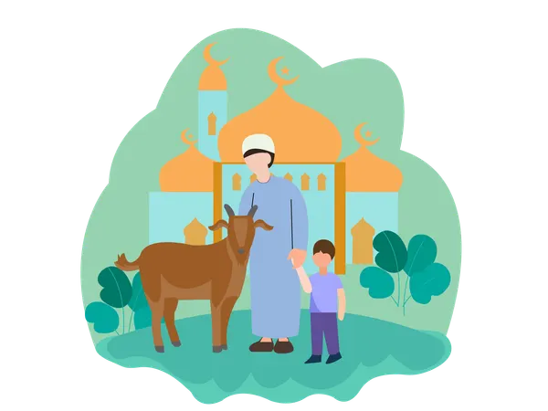 Family celebrating Eid with Goat  Illustration