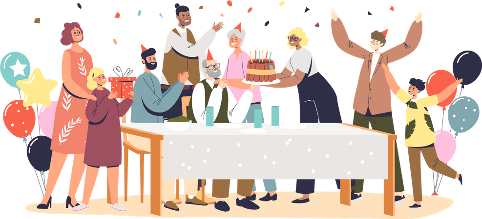 Family celebrating grandfathers birthday Illustration